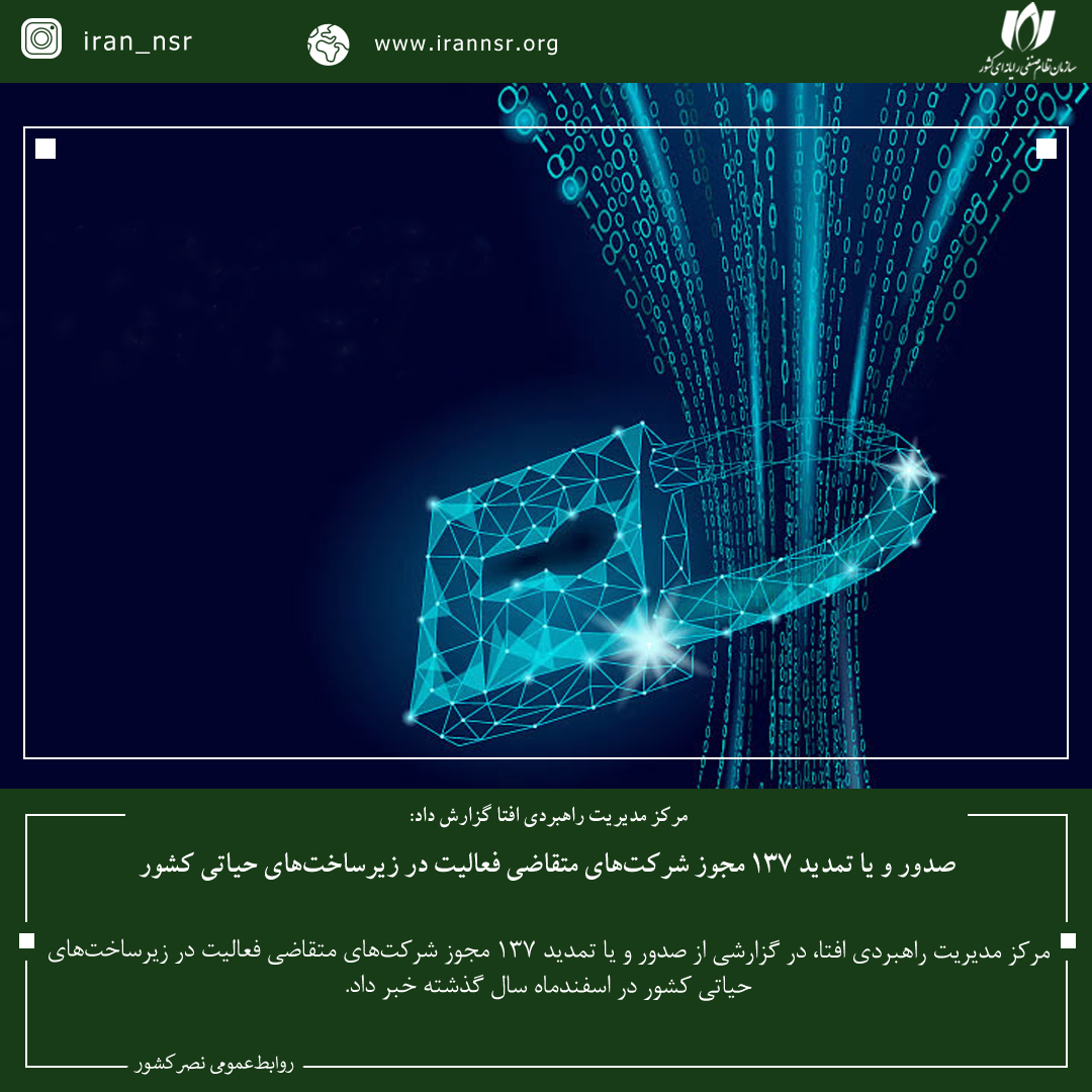 صدور و یا تمدید 137 مجوز شرکت‌های متقاضی فعالیت در زیرساخت‌های حیاتی کشور